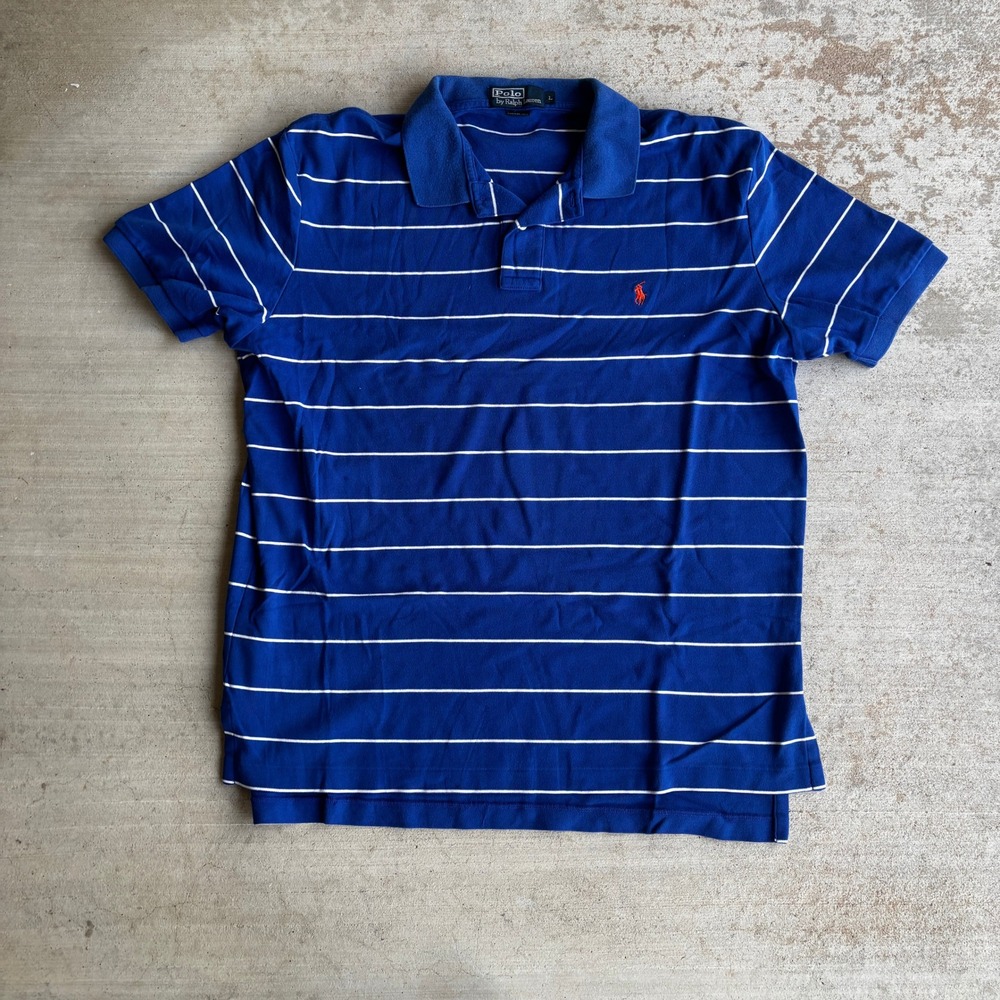 Polo Ralph Lauren Mens Large Blue White Striped Cotton Short Sleeve Polo Shirt